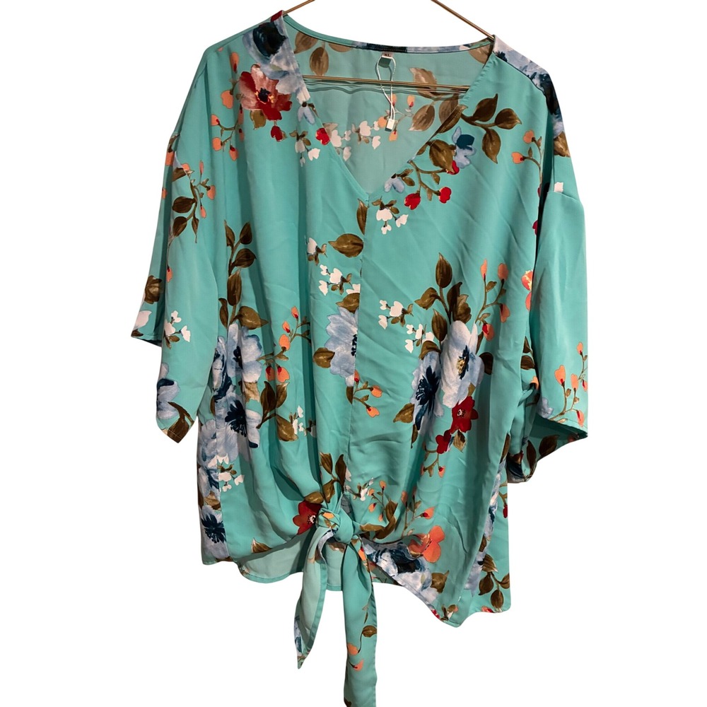 Floral V-Neck Tie Front Blouse Turquoise Blue 1XL Short Sleeve Oversized Top